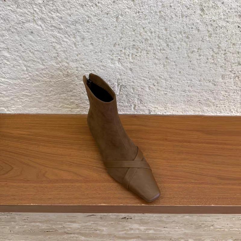 Fashion Low Heel Booties Autumn New Square Toe Spliced Flannelette Rear Zipper Soft Sole Anti-Slip Wear-Resistant Single Boots