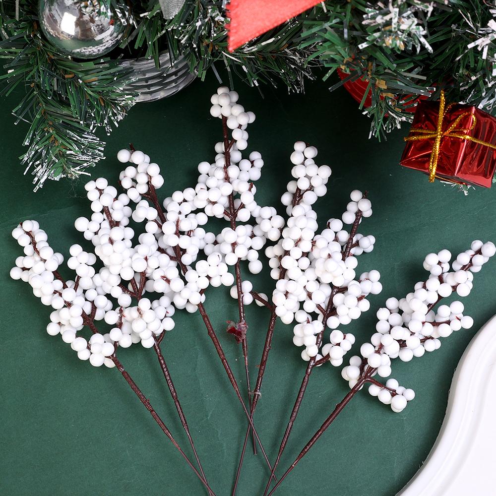 4-20PCS Artificial Holly Berry Stem Christmas White Berries Branches DIY Xmas Tree Ornament Wedding Home Party Fake Flower Decor