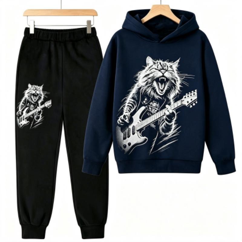Fashion Rock Cat Guitar Player Animal Cat Print Kids Pullovers Pants 2-piece Set Street Casual Fashion Hoodies Vintage Boy's Girl Clothes