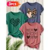 Three-piece set Elegant short-sleeved dress for women Leopard print heart shape+Multi-element heart overlay+Heart-shaped bow combination printed