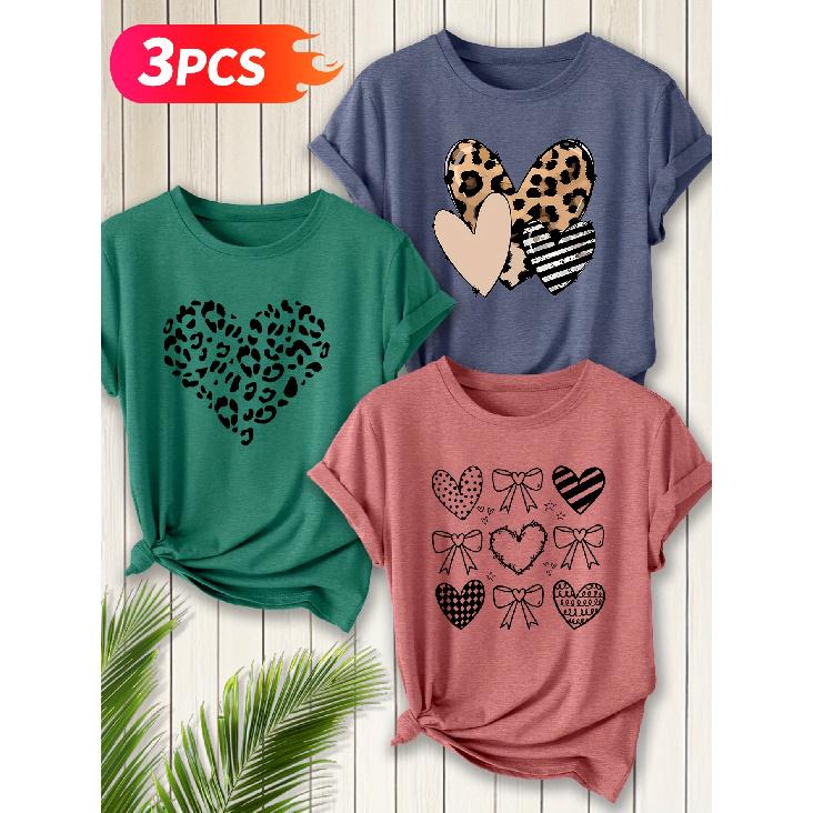 Three-piece set Elegant short-sleeved dress for women Leopard print heart shape+Multi-element heart overlay+Heart-shaped bow combination printed