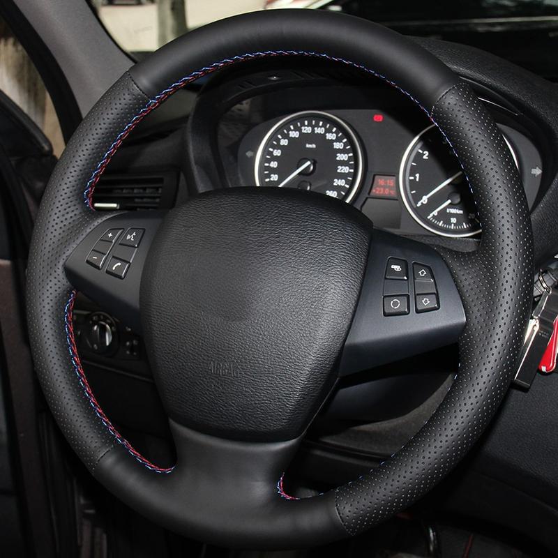 Hand-stitched Steering Wheel Cover Black Leather Car Steering Wheel Cover for BMW E70 X5 2008-2014 X6 E71 2008-2015