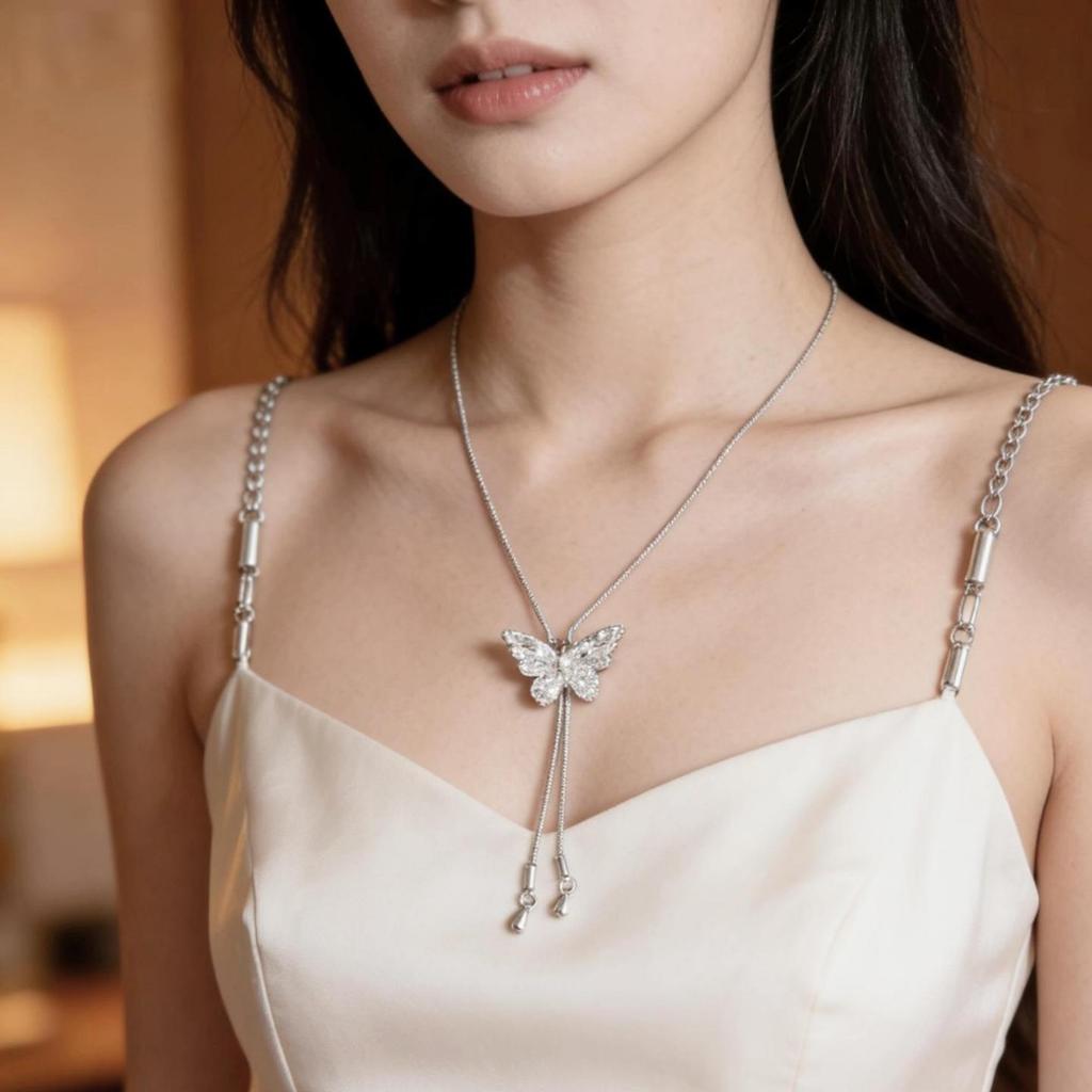 Silver Long Tassel Butterfly Necklace Women Can Pull Adjustment Spice Girl Collarbone Chain Niche High-End Light Luxury Accessories