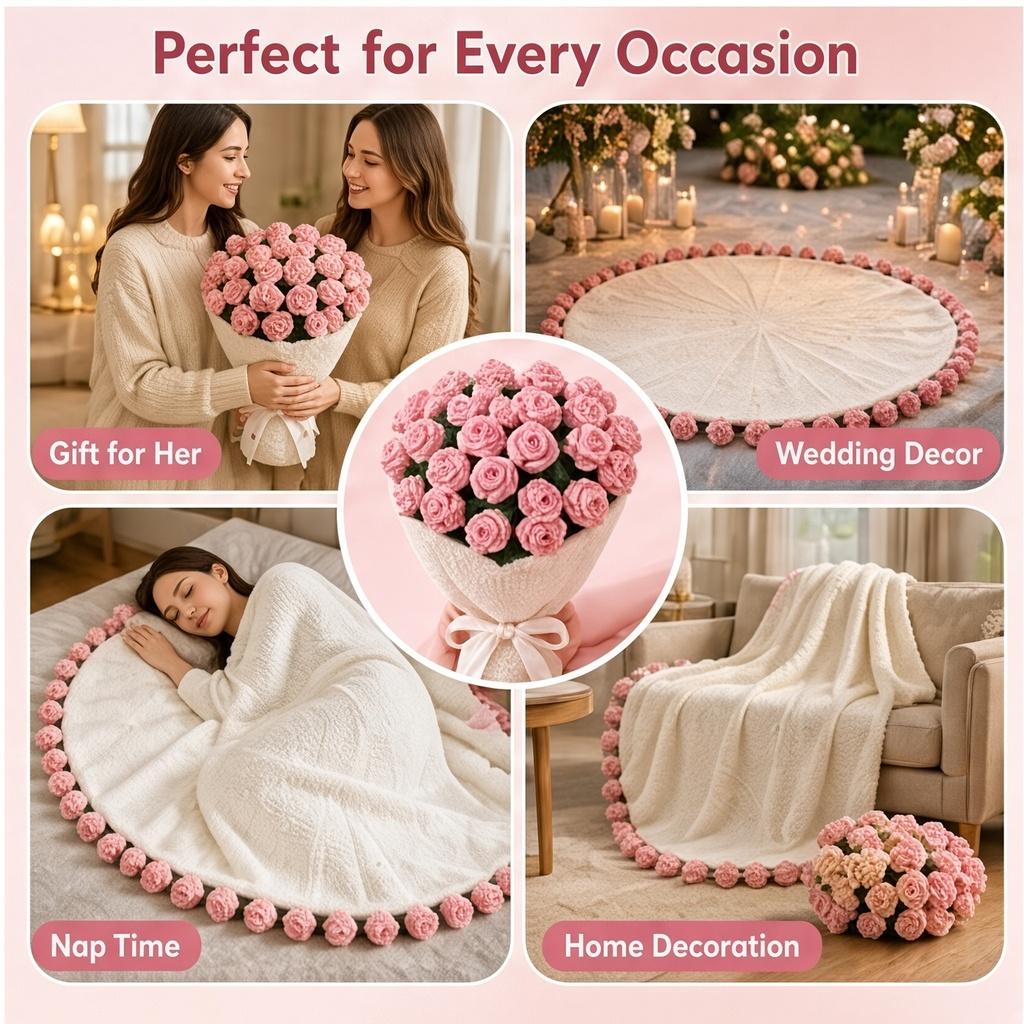 60/80/110/160cm Finished Rose Bouquet Blanket Knitted Nap Throw Blanket Gift for Girlfriend Best Friend Holiday Present with Gift bag