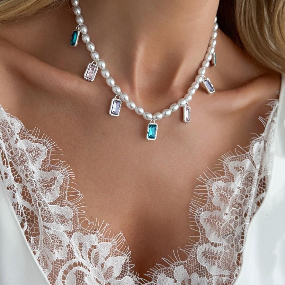 Colorful Pendant Choker Necklace Sparkling Y2K Rhinestone Ring Imitation Pearl Necklace Gift