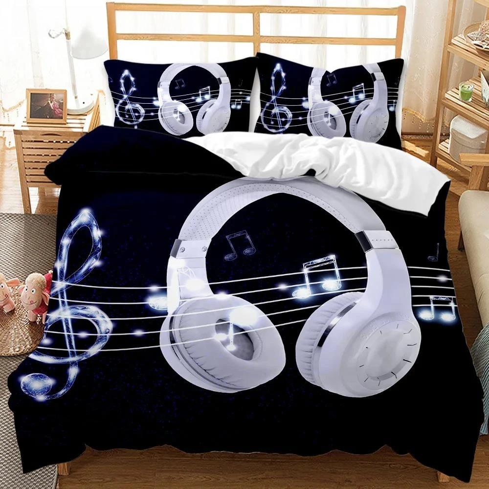 Headphones Duvet Cover Rock Music Melody Note Bedding Set Cool White Headset Boys Double Queen King Size Polyester Qulit Cover