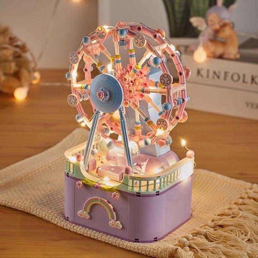 Small Particle Carousel Assembled Building Block Toy Educational Children Series Music Box Girls Gift