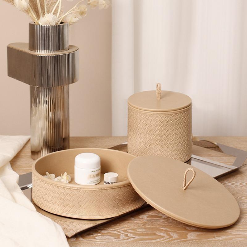 Modern Luxury Storage Boxes Dressing Table Jewelry Storage Box Desktop Simple Round Organize Case Weave Decoration Organize Bins