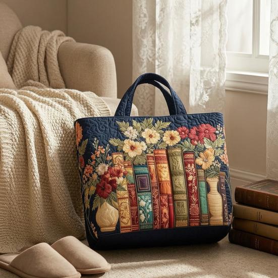 Gesteppte Tragetasche Retro-Print Stoff Pendler-Tote Vintage Leicht Faltbare Handtasche für Damen Tägliche Nutzung Reise Einkaufen