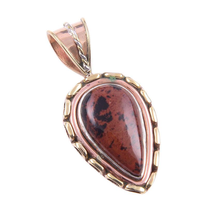 Natural Mahogany Obsidian Gemstone 925 Solid Silver Two Tone Pendant 1.50'' V0k40