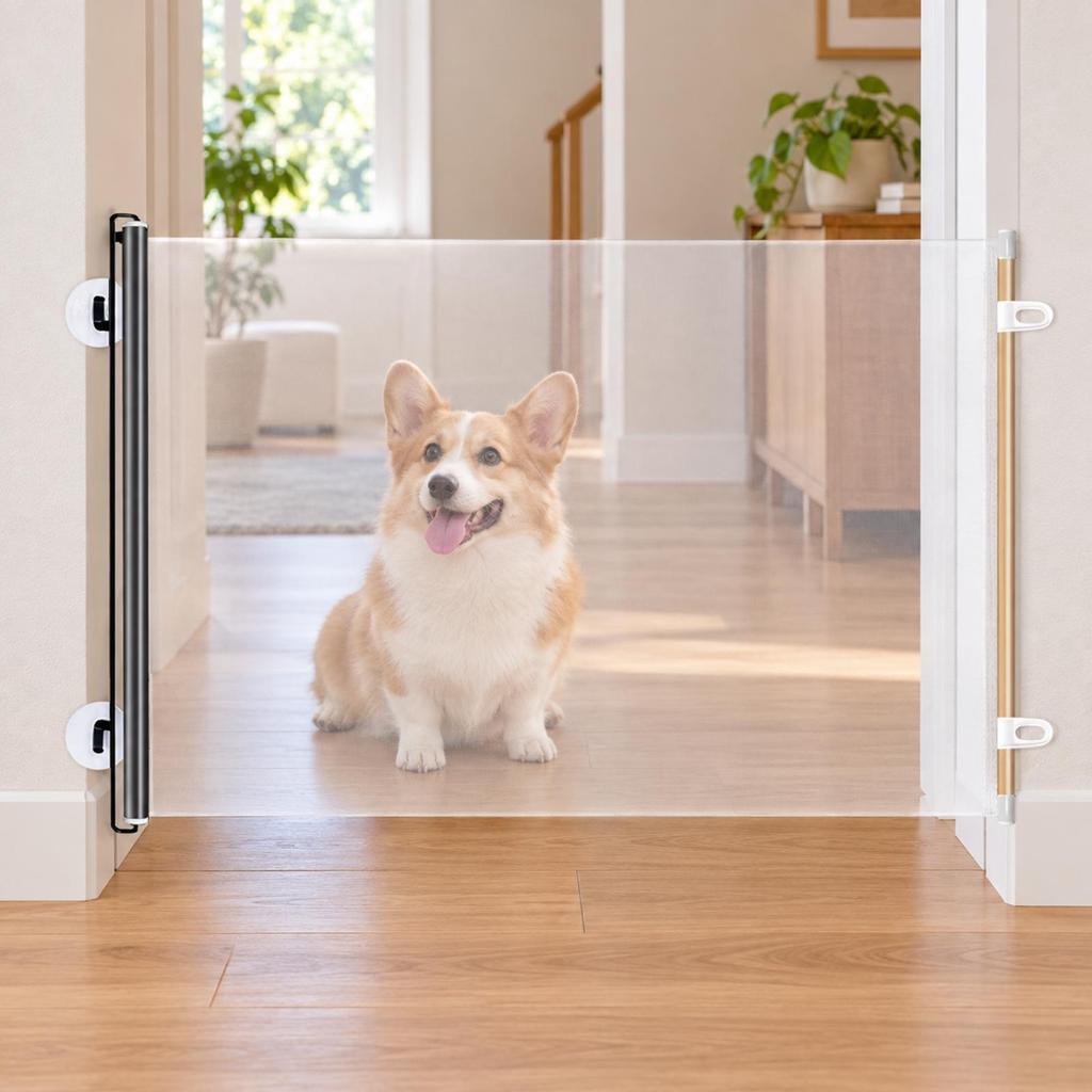 Retractable Pet Barrier Transparent Dog Gate with Hooks Extendable for Hallways