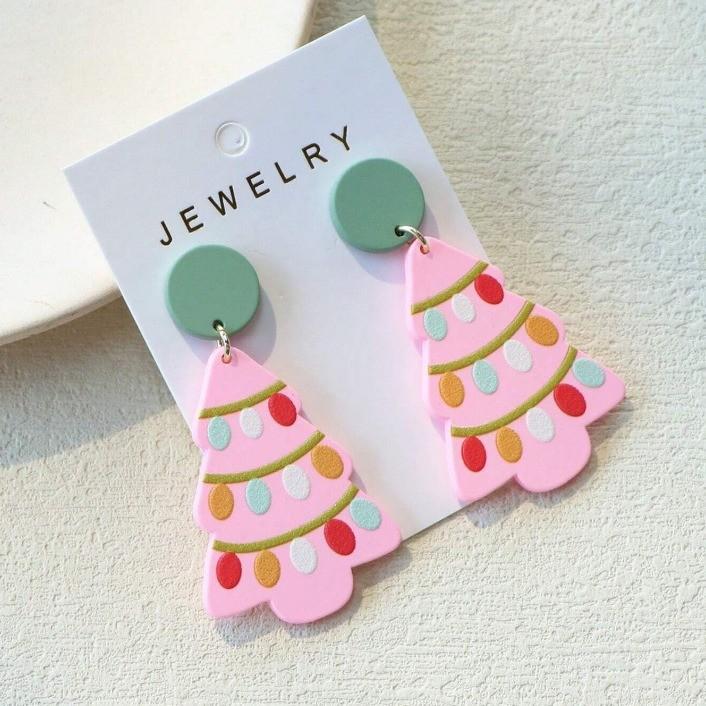 Floral Delightful Geometric Pink Christmas Tree Ear Studs For Celebrations Joyful