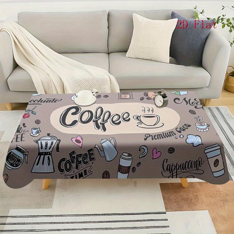 2D Flat 1pc Coffee-Themed Tablecloth - Gray And Yellow Artistic Coffee Cup And Bean Pattern, Durable Polyester Rectangular Tablecloth, Suitable for Ou