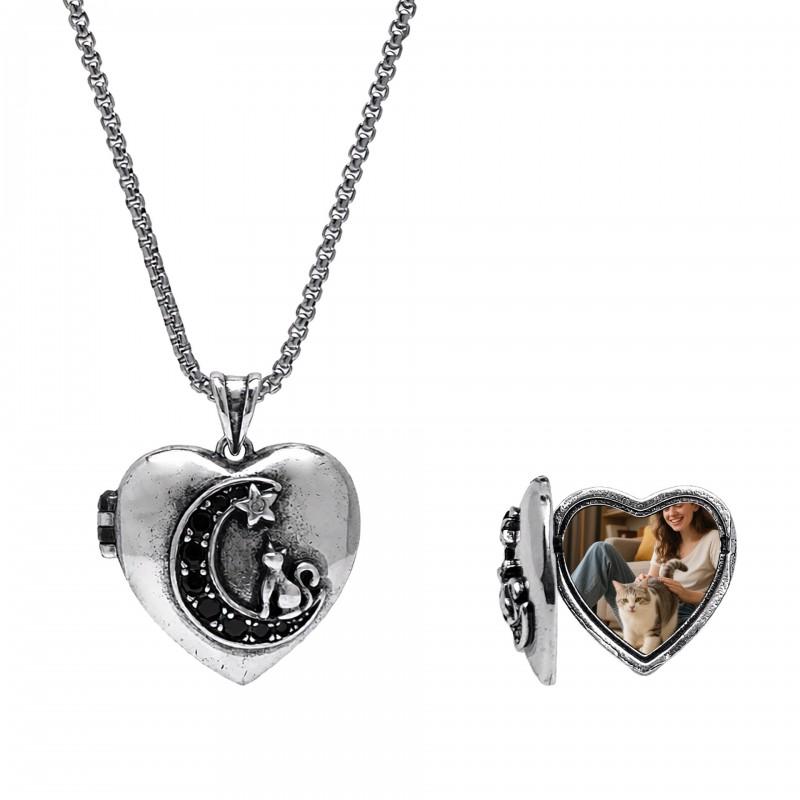 KNN-1337 Cat Moon Heart Pendant Necklace Women Copper With Zircon Pearl Chain Lightweight Chic Jewelry KNN-1337