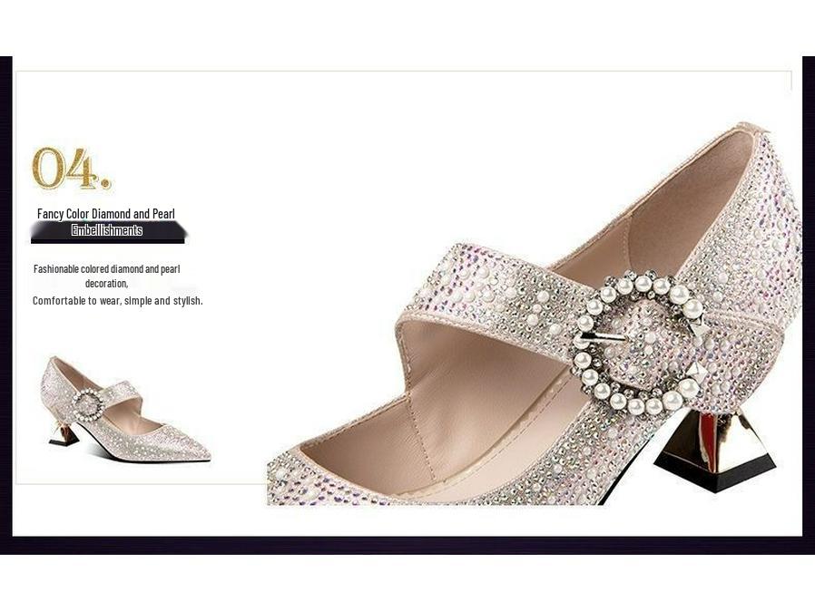 2025 Women's Chunky Heel Pointed Toe High Heels with Pearl Rhinestone Buckle