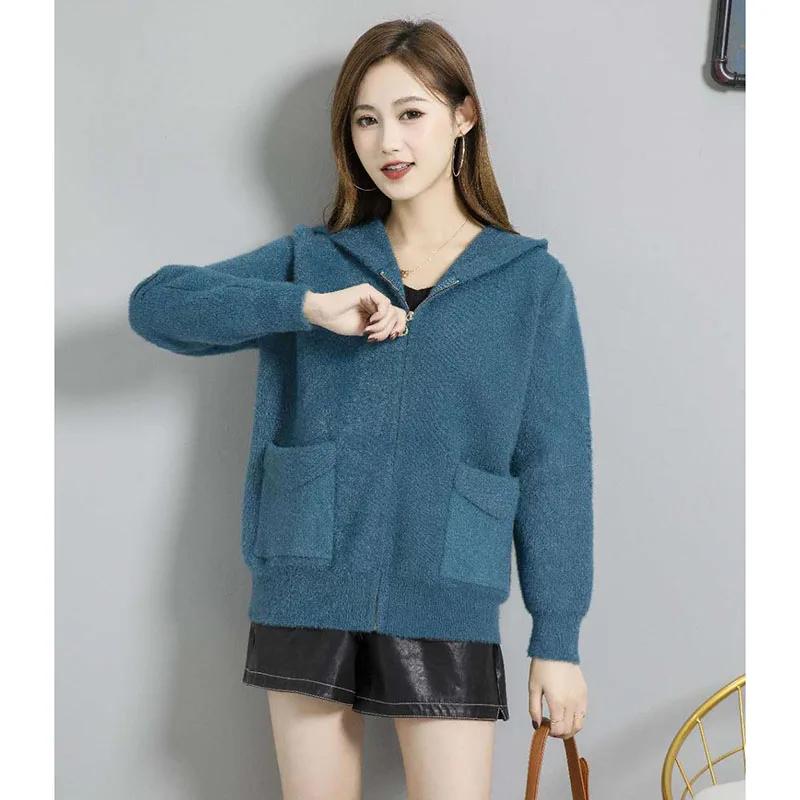 Smvp Mink-like Women's Sweater Autumn Winter Coat  Female Korean Hooded Jacket Foreign Gold Velvet Knitted Cardigan Overcoat