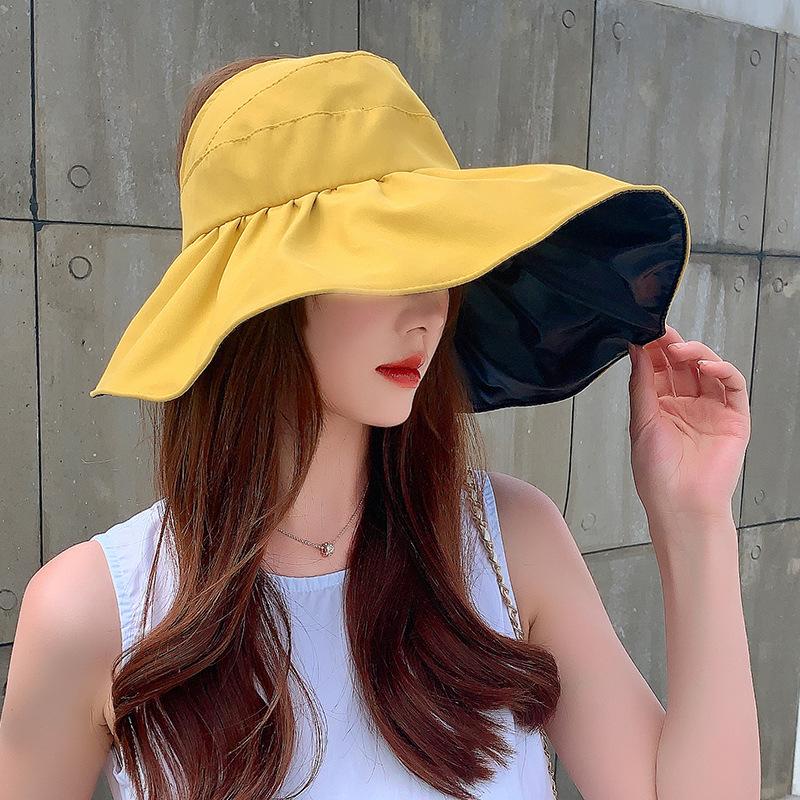 Wide Brim Solid Empty Top Sun Hats for Women Black Plastic Anti-UV Summer Hat Breathable Beach Sunshade Hat Foldable Visor Cap