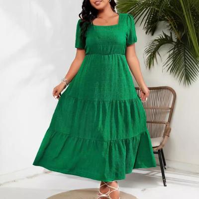 Women's Puffed Sleeve Square Collar Back Pleated Short Sleeve Pocket Dress