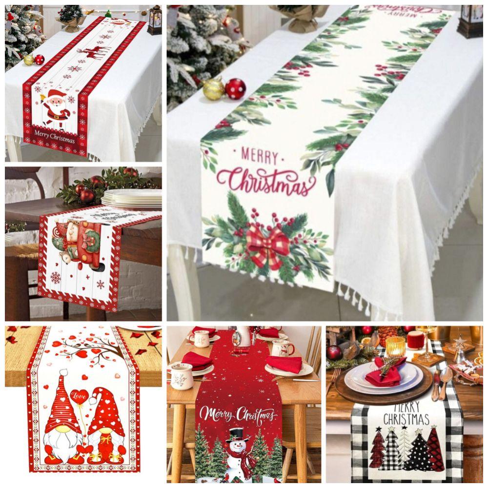 Merry Christmas Table Runner Snowman Pattern Table Cloth Reusable Xmas Table Decor