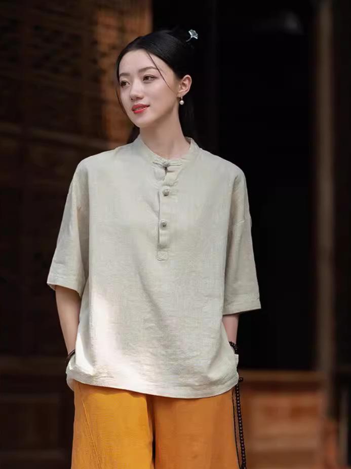 Women's Short-Sleeve Retro Frog Button Linen-Cotton Zen Top