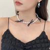 Fashionable Black Ribbon Bowknot Necklace Faux Pearl  Alloy Chain Choker Fashion Cool Girls Clavicular Chain Jewelry