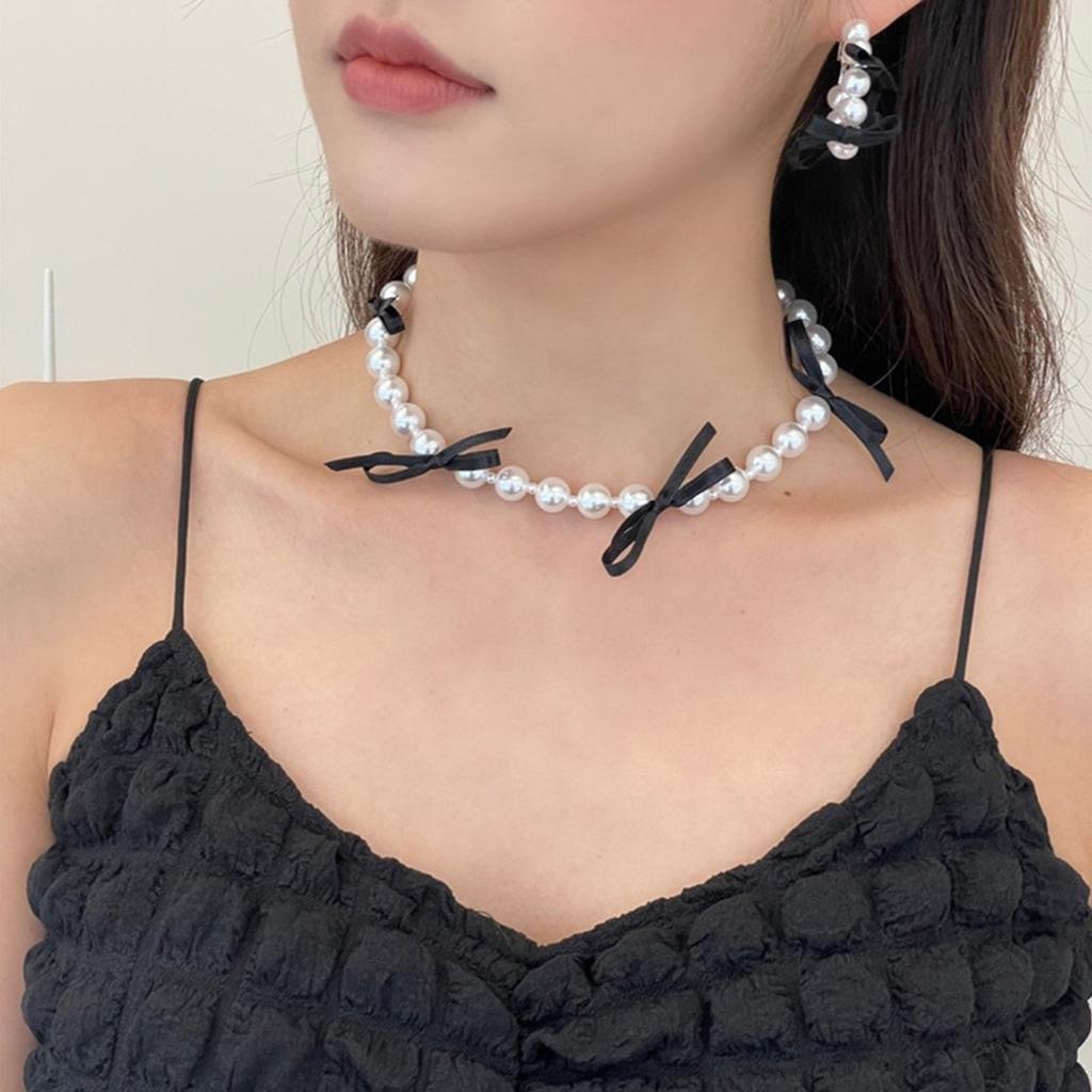 Fashionable Black Ribbon Bowknot Necklace Faux Pearl Alloy Chain Choker Fashion Cool Girls Clavicular Chain Jewelry