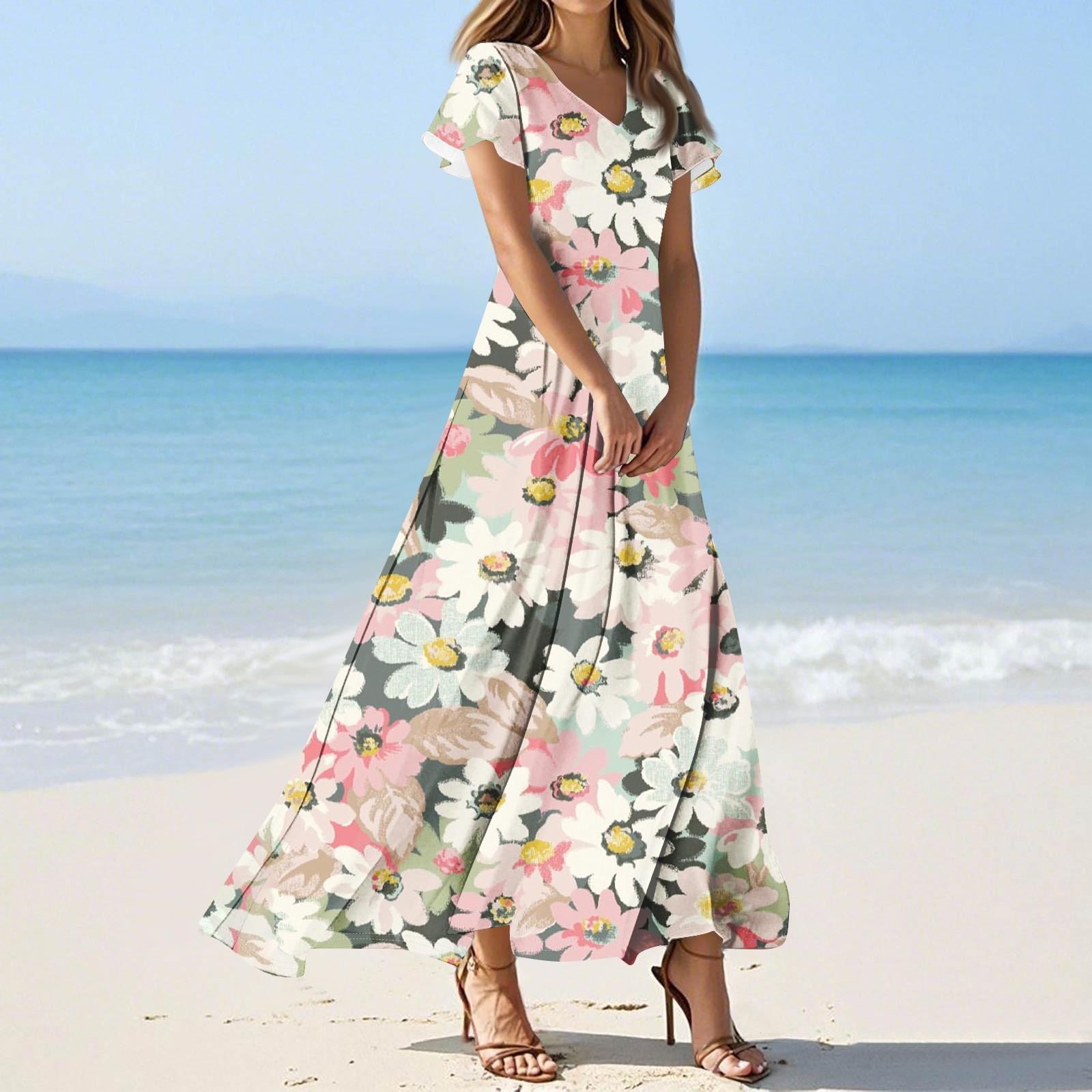 

Жіноча вільна повсякденна сукня з V-подібним вирізом, короткими рукавами та високою талією, принтована XL