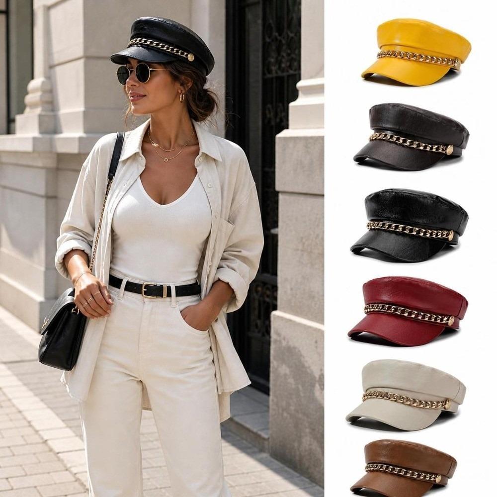 Metal Chain Decor Newsboy Cap PU Leather Flat Top Cap Stylish Baker Boy Cap For Women