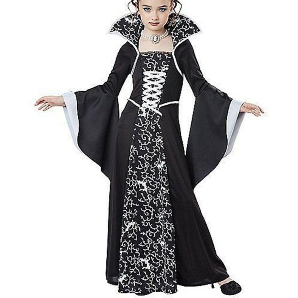 Lace Up Halloween Witch Long Dress Stand Collar Children Medieval Printed Dress  Kids