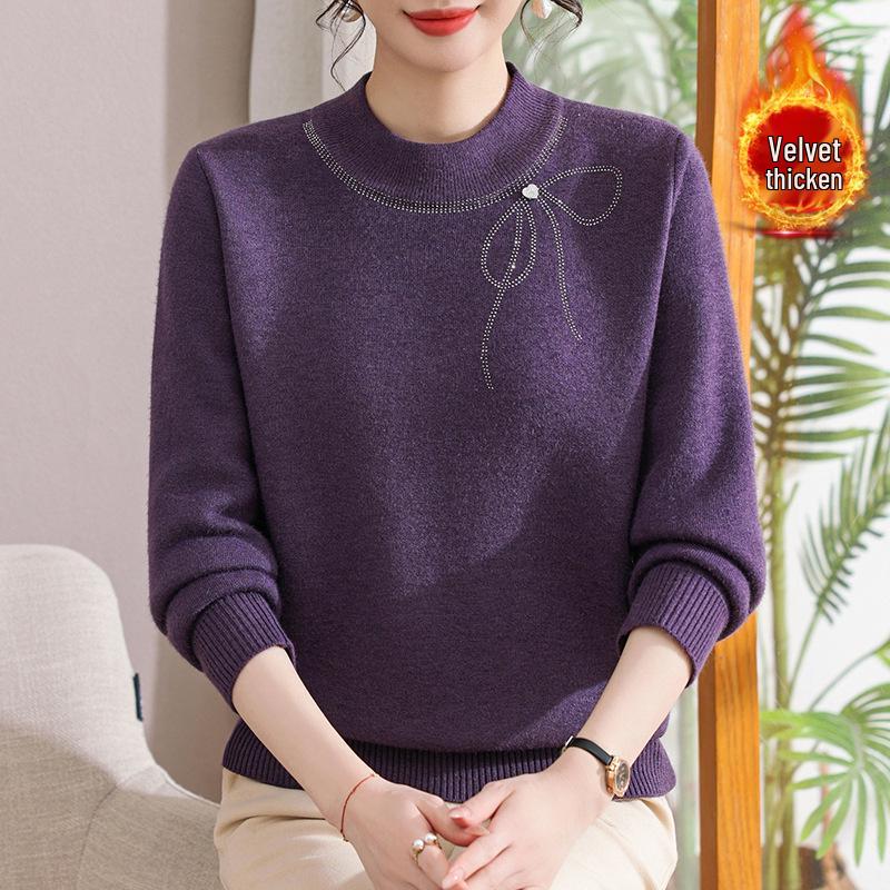 Middle-aged Women's Plus Velvet Knit Sweater: Warm, Loose Fit Base Layer