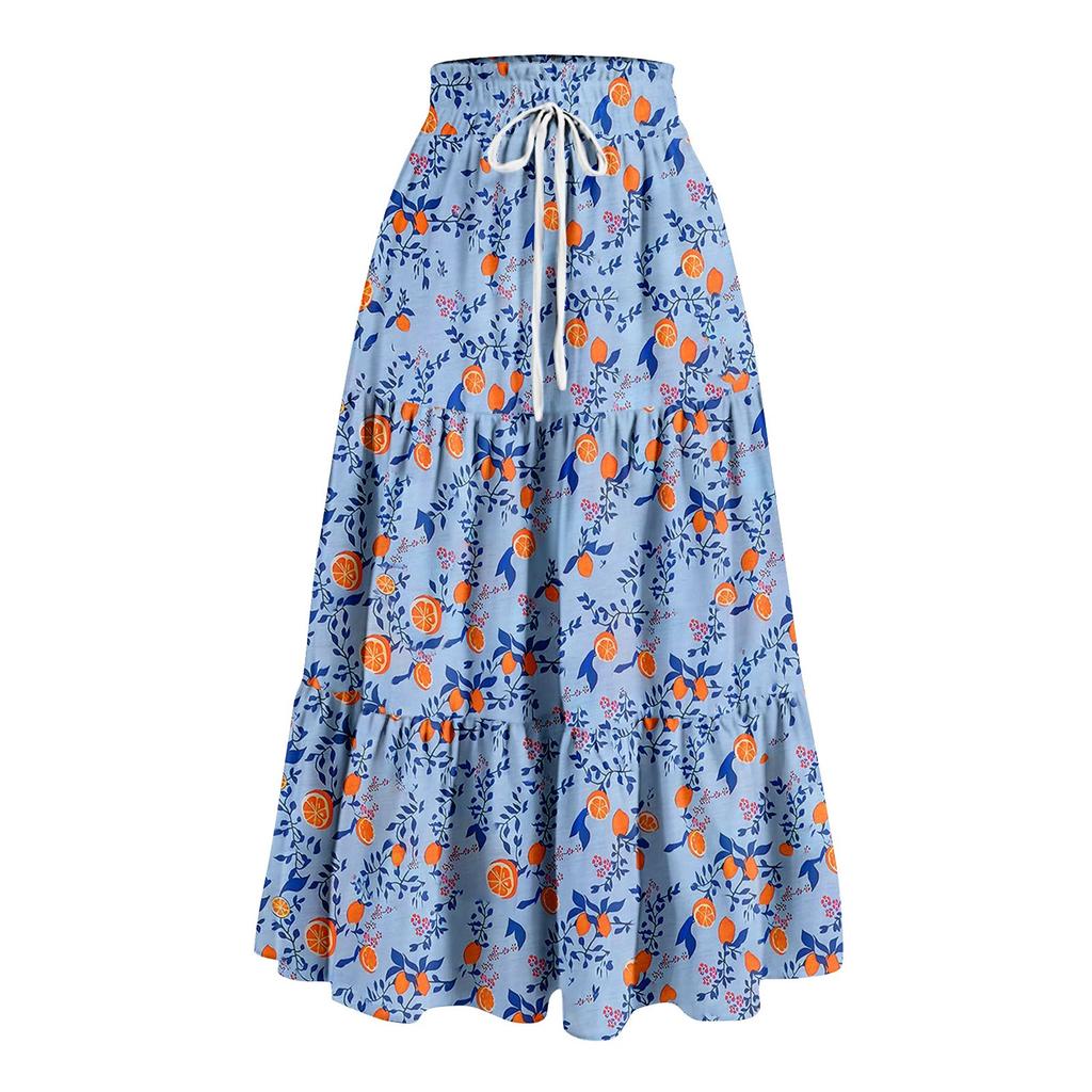 Women's Ruffled Spring Casual Long Skirt Plain Color Skirt Retro Pleated Skirt