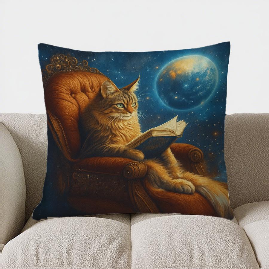 Home Decor Cat Reading Book In Space Themed Pillow Pattern Cushion Cover Suitable For Sofa Bedroom Car Pillow Cover