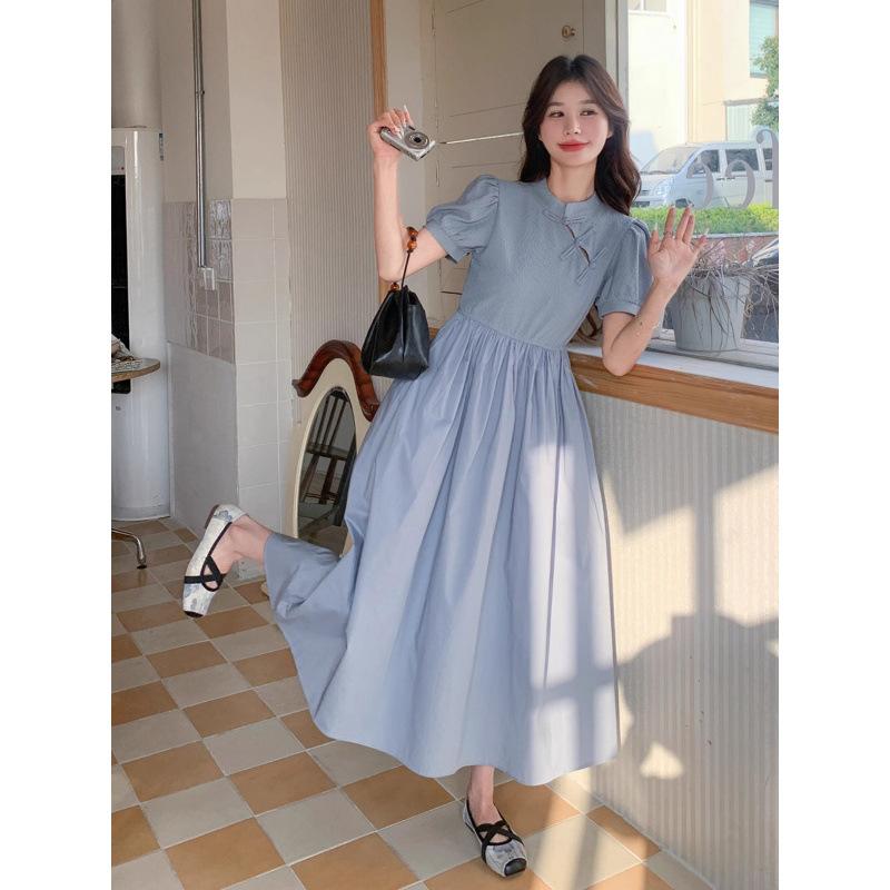 Blue New Chinese Dress, Summer Women's New Cheongsam Improved, Light and Mature, Foreign Style and Thin Long A-shaped Skirt