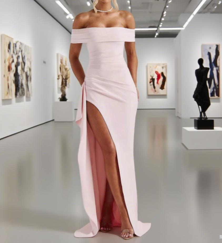 European and American Summer Solid Color Temperament Dress Tube Top One-word Collar Halter Split Fork Long Dress