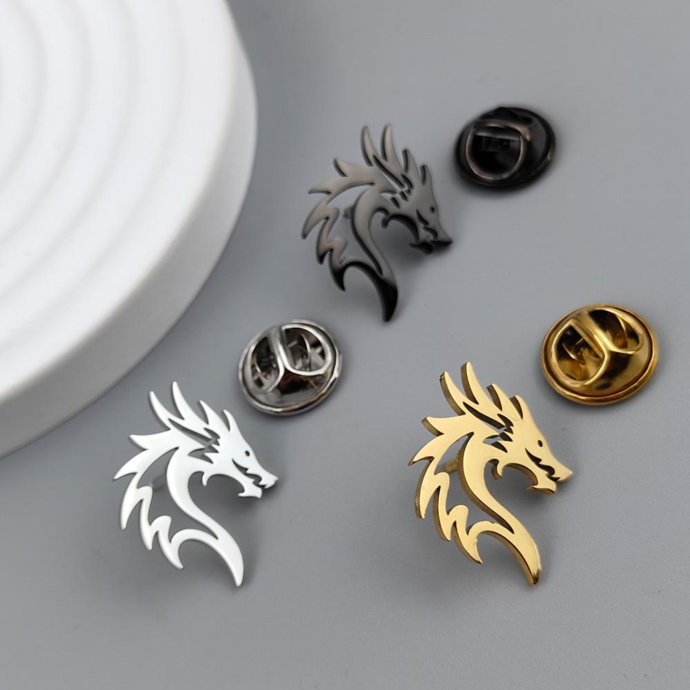 New dragon hollow men's lapel pin, 316L stainless steel gold-plated badge, black brooch for suit accessories, gift for father