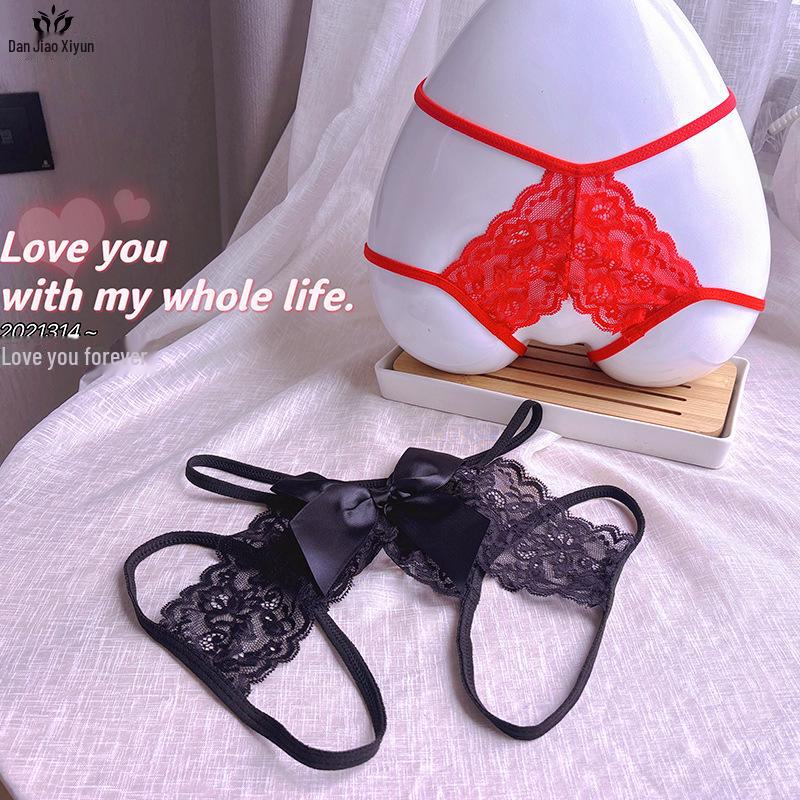 Open Crotch Lace Thong - See-Through, Low Waist, Sexy, Large Size, Bow Detail.