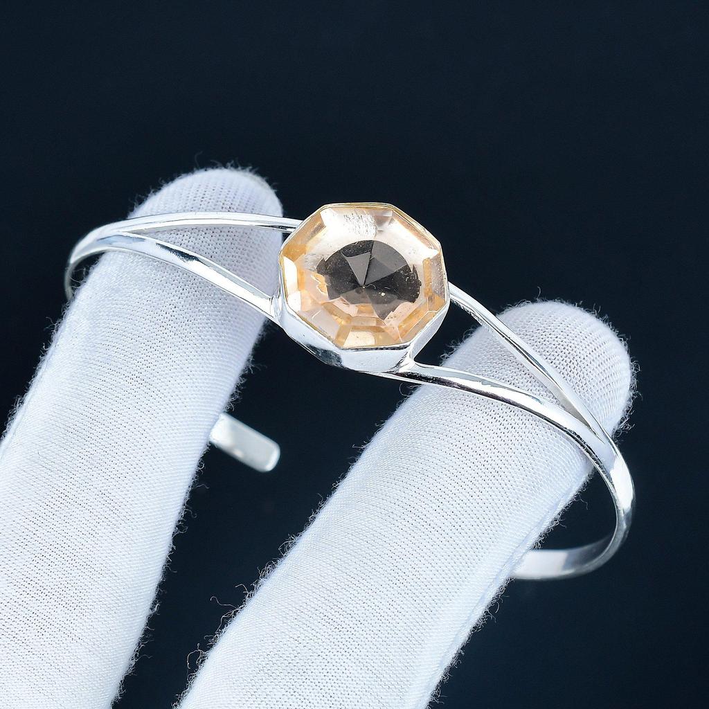 Morganite Hexagon Gemstone Handmade Cuff Bangle 925 Sterling Silver Cuff Bangle, Morganite Bracelet For Wife, Unisex Bangle For Gift