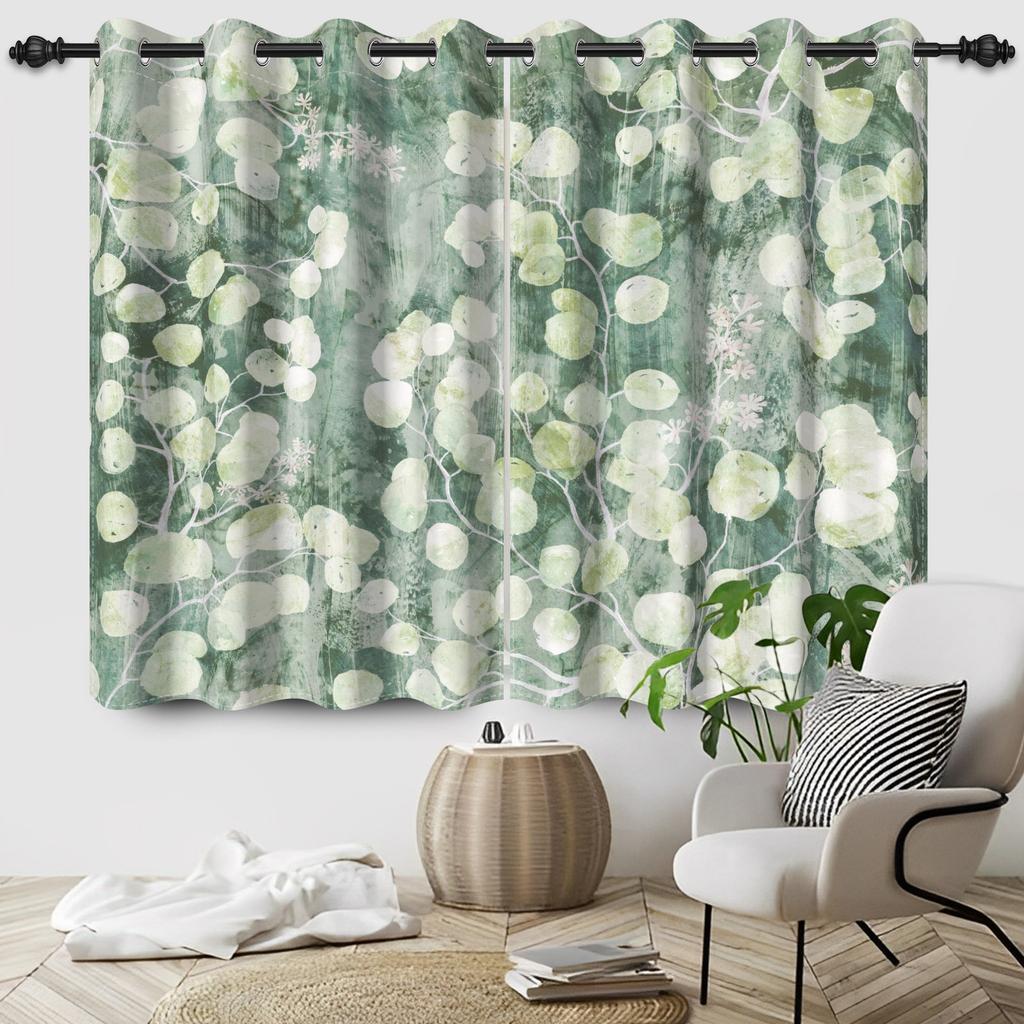 2Pcs/Set Green Floral Polyester Window Curtains Pastoral Style Nature Flowers Leaves Bathroom Bedroom Decor Blackout Curtains