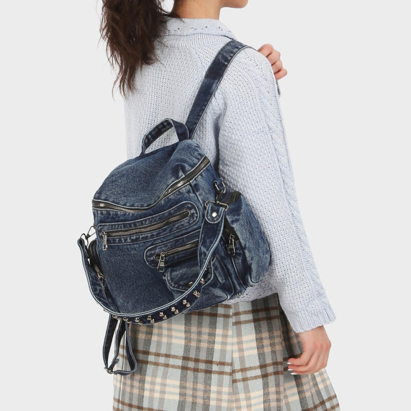 Vintage Denim Backpack Rivet Shoulder Bag Student Schoolbag Class Commuter Backpack