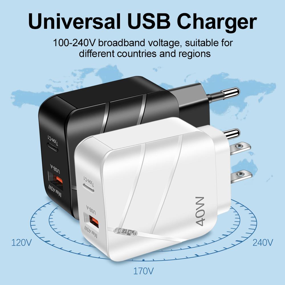 USB 40W Wall Charger Quick Charge QC 3.0 Type C Fast Charging Mobile Phone For iPhone 14 13 Samsung Xiaomi EU/US Plug Charger