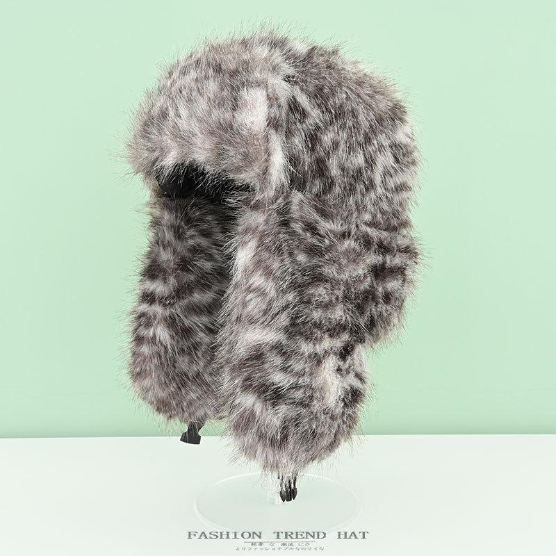 

Шапка Thunderbolt с леопардовым узором, женская зимняя утепленная, искусственный мех кролика, плюшевая, для защиты ушей, для зимней страны, холодная шапка для мужчин One Size серый