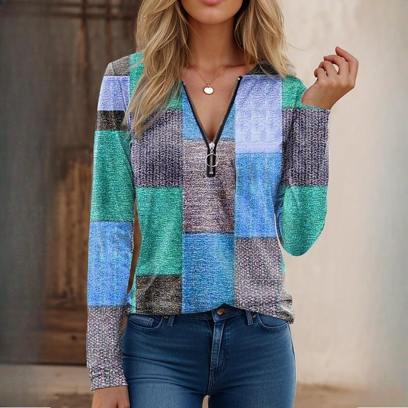 EastRogue Autumn and Winter Women's Fashion Casual Loose Printed V-Neck Zip Long Sleeve Cashmere T-Shirt