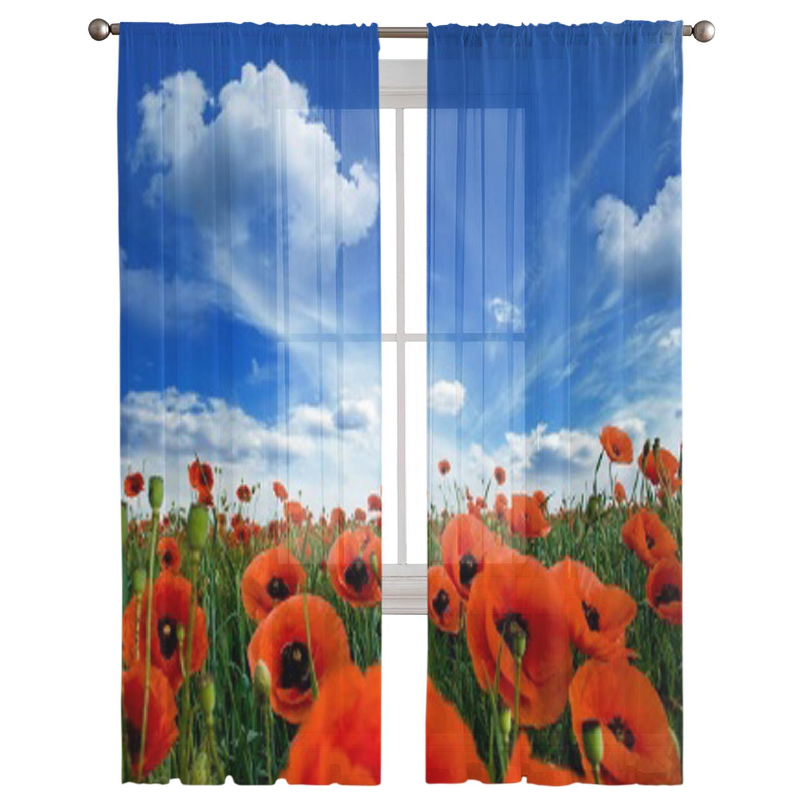 

Цветущие маки на лугу Тюль Шторы для украшения гостиной Современные вуали Шифоновые Шторы Спальня Прозрачная вуаль 135W x 114H(cm)