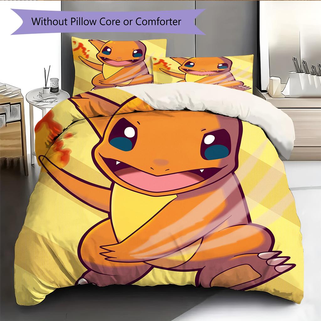 Pokémon Charmander Pattern Bedding Home Decoration Birthday Gift (1 * Duvet Cover + 2 * Pillowcase, Without Core)