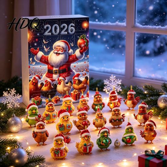 Acrylic Hanging Decorations Chicken Advent Calendar 2026 24 Days Christmas Countdown with 2D Flat Ornament Set Ornament Cartoon Pendant for