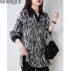 MODIQUE Frühling Sommer Übergröße Neue Damen Lose Vintage Zebrastreifen Bluse Shirts Weibliche Chiffon Casual Übergröße Langarm V-Ausschnitt Top