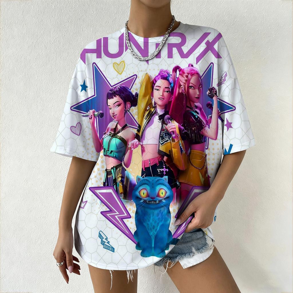 Women's Oversized T-Shirt with KPop Demon Hunters Animated Characters & Derpy Print T-shirt for Casual Daily Wear&K-pop Fans