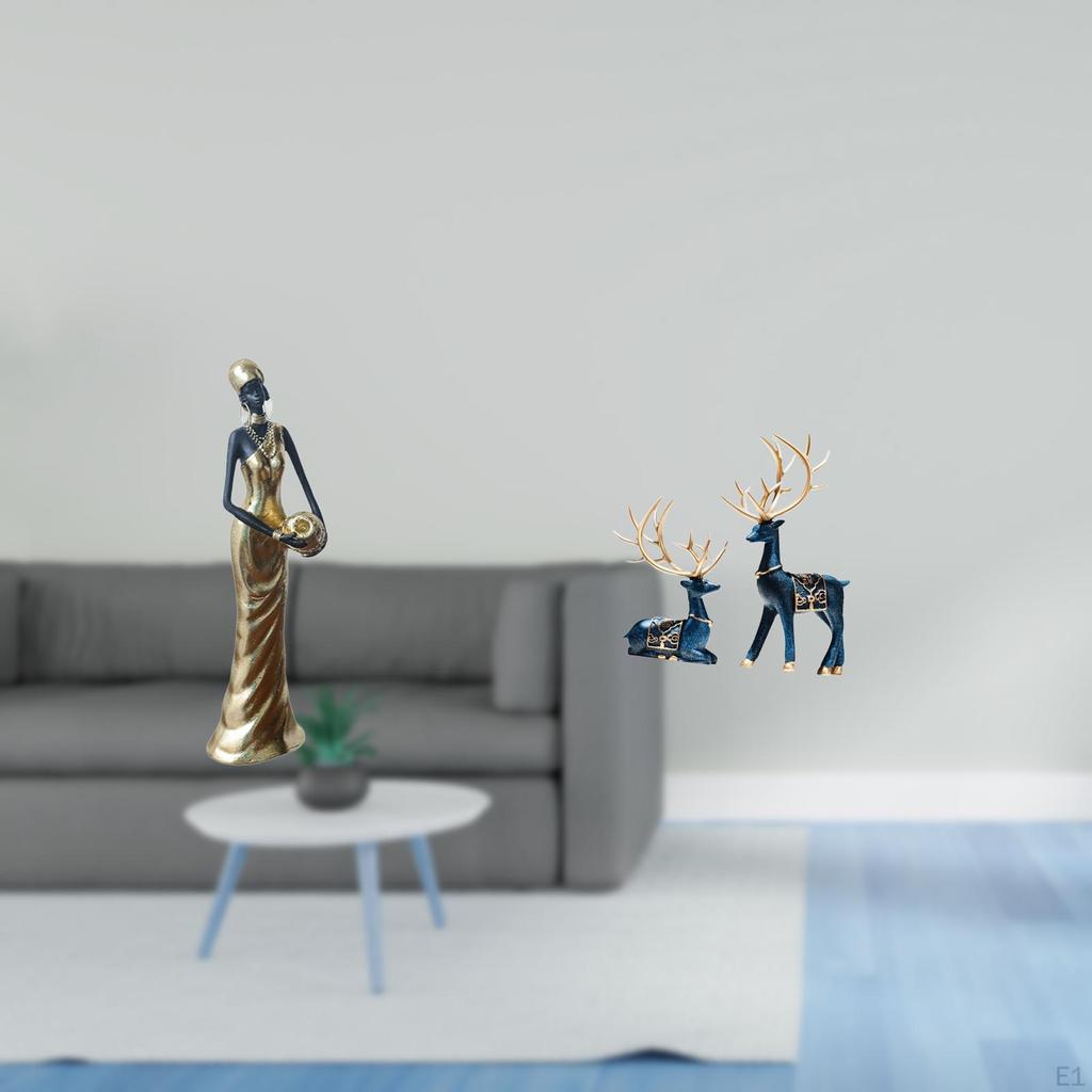 African Tribal Lady And Reindeer Statue Figurines Lightweight Decorative Sculpture for Living Room