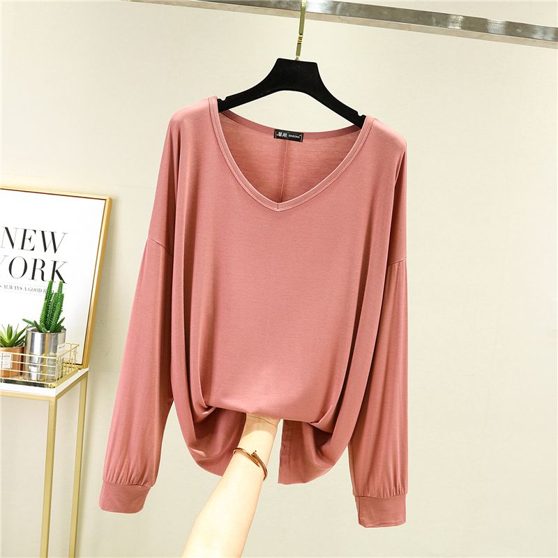 

Тонкая рубашка с длинными рукавами и низом, однотонный универсальный топ с v-образным вырезом большой посадки, весна и лето 2XL розовый