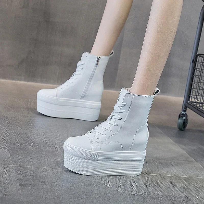 Autumn Genuine Leather 10CM  Super Thick Sole Platform Wedge Hidden Heel Boots Shoes Zipper Winter Boots Ankle Warm Booties